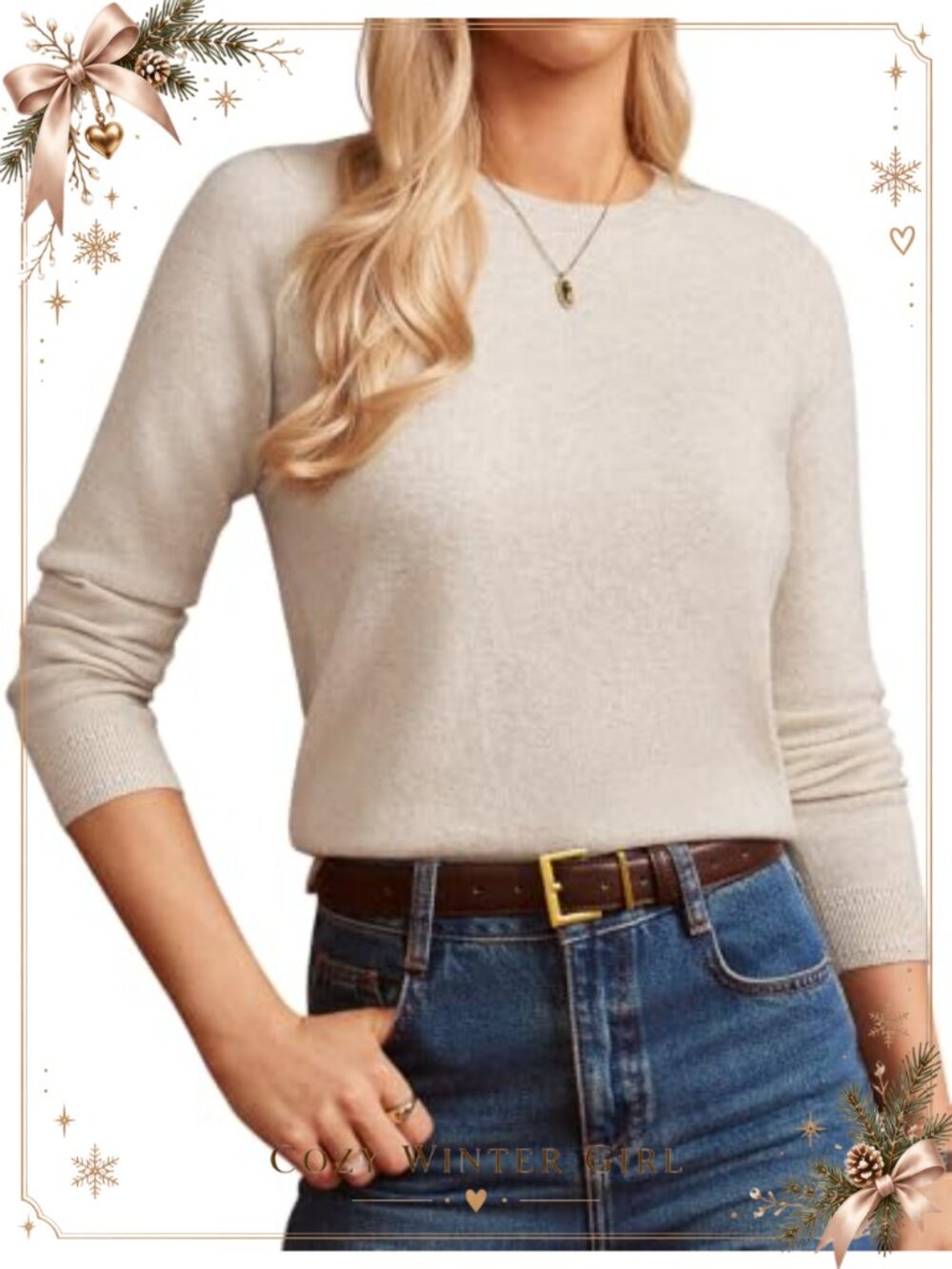 Merino Wool Blend Cashmere Crew Neck Pullover Sweater Long Sleeve Knit Top